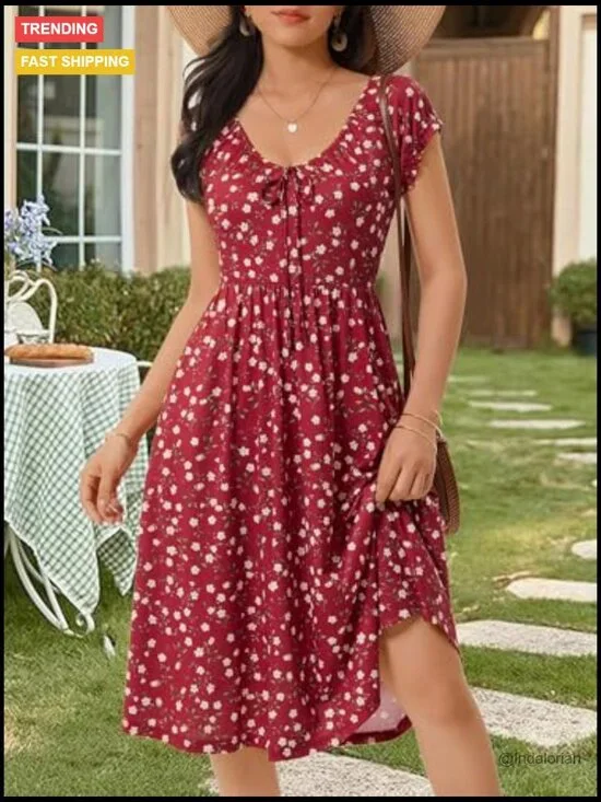 Summer Floral V Neck Puff Cap Sleeve Sundress Midi Dress with Pockets - Picture 3 of 7